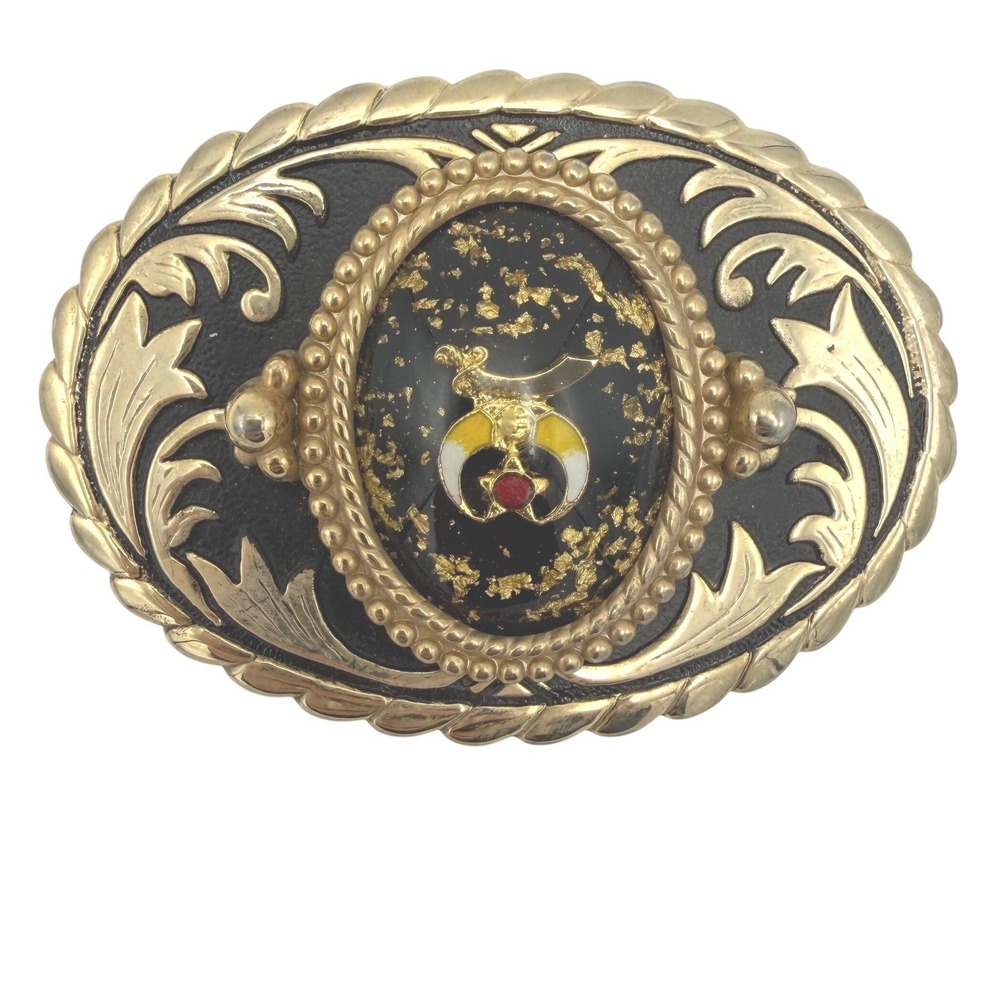 Vintage 3in Shriner Belt Buckle Mens Gold Flecks Black Fraternal Western Bronze